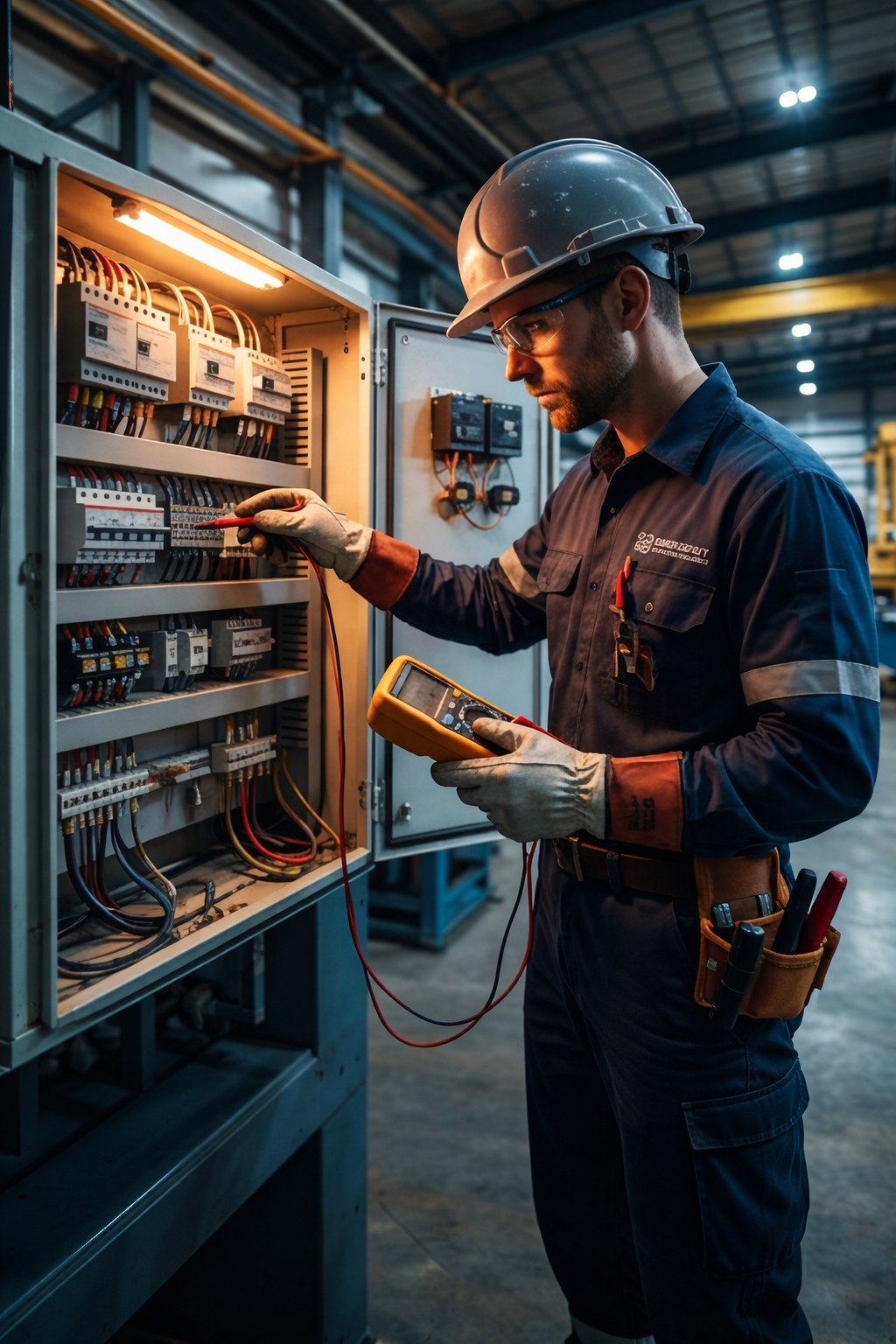 Residential and commercial electrician inspecting an electrical control panel